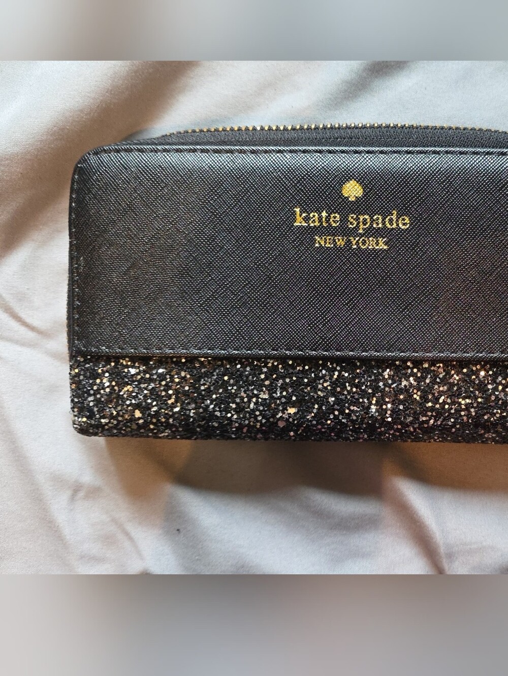 kate spade Black Glitter Accent Zip Wallet with Gold Logo